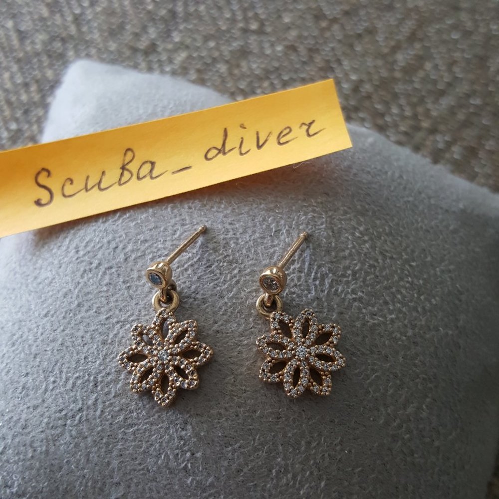 PANDORA 14K Solid Gold ALE 585 Lace Botanique Dangle Earrings Retired RARE - Picture 10 of 13